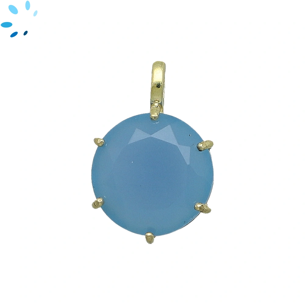 Blue Chalcedony Round Prong-Set Pendant Charm 15mm - 18k  Gold Plated Sterling Silver - 1 Piece