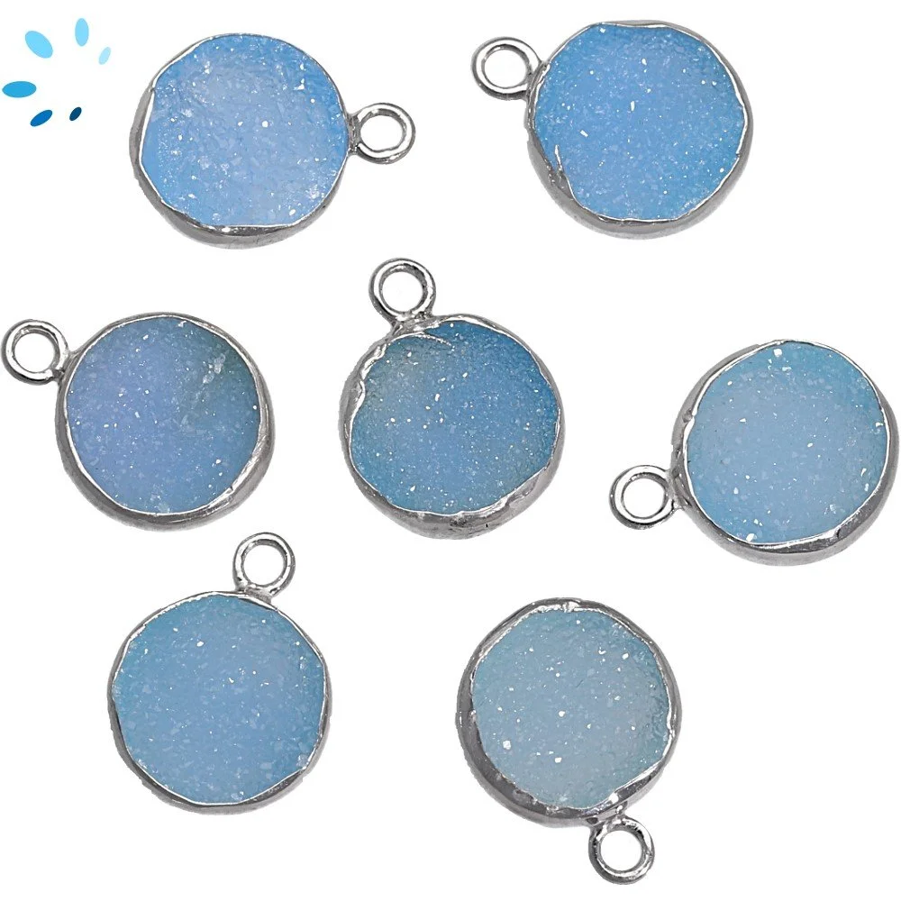Blue Druzy Coin Bezel Charm Pendant 9mm - Platinum Plated Sterling Silver - Set of 4