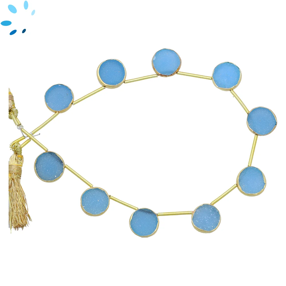 Blue Druzy Coin Bezel Set Beads 10mm Top Drilled - 18k Gold Plated Sterling Silver