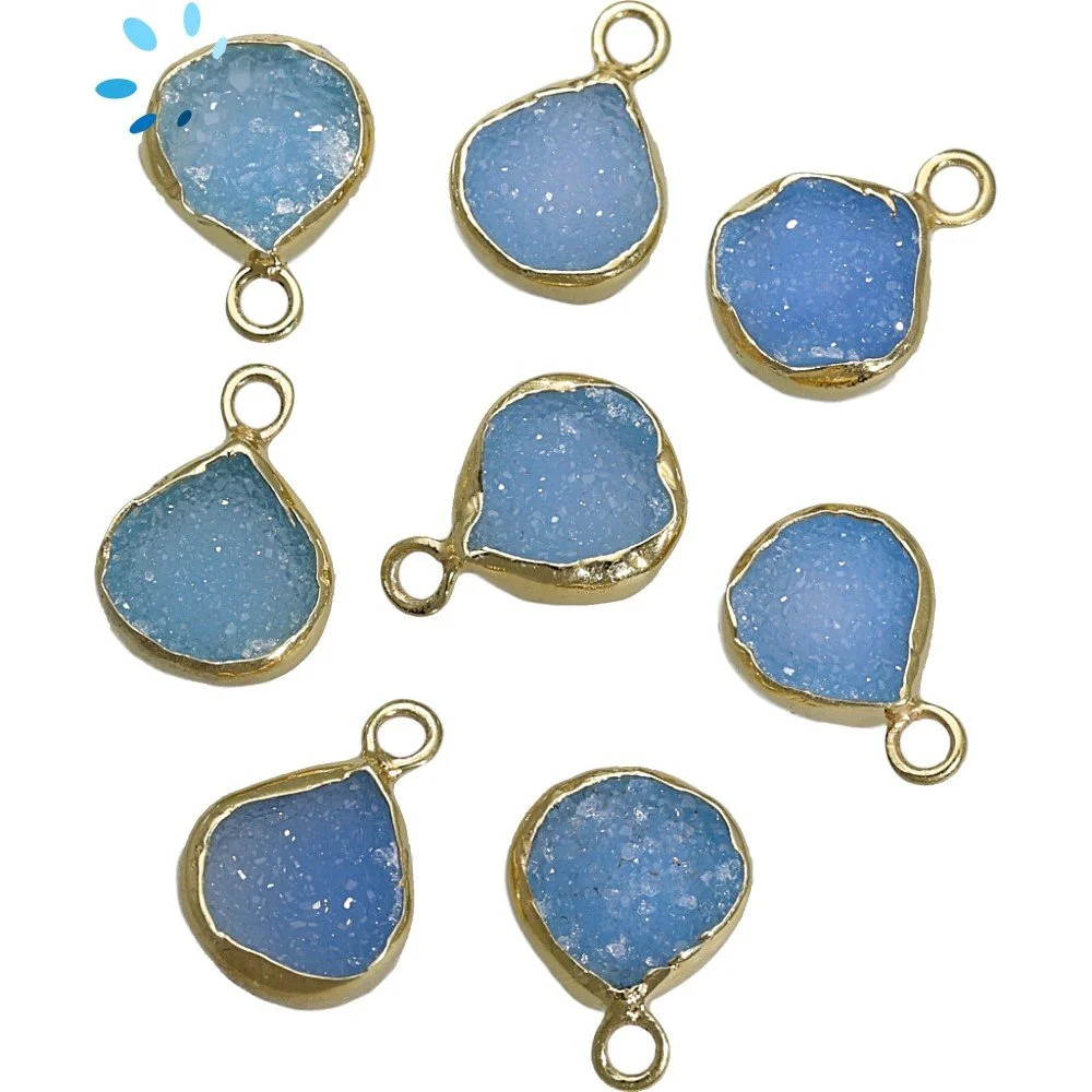 Blue Druzy Heart Bezel Pendant Charm 8x8 - 10x10mm - 18k Gold Plated Sterling Silver - Set of 4