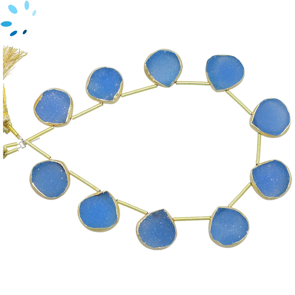 Blue Druzy Heart Bezel Set Beads 10mm Top Drilled - 18k Gold Plated Sterling Silver
