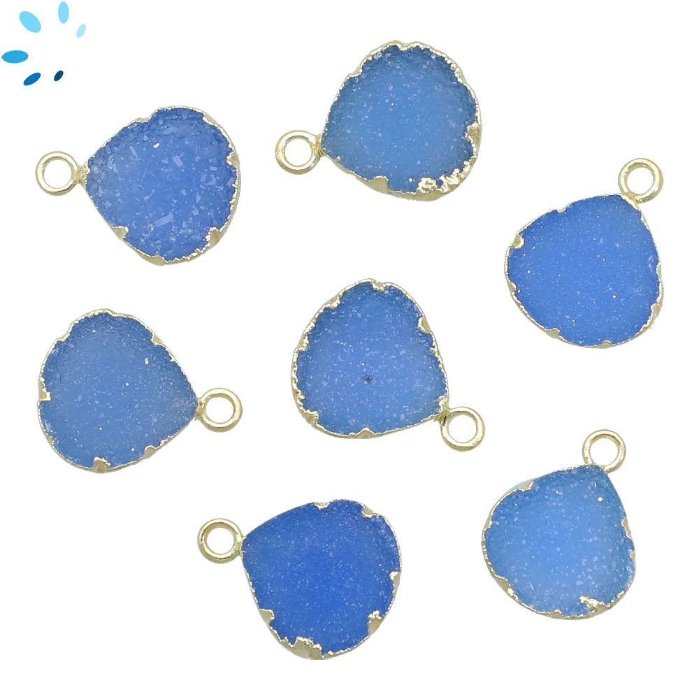 Blue Druzy Heart Charm Pendant 10mm 18k Gold Electroplated - Set of 4