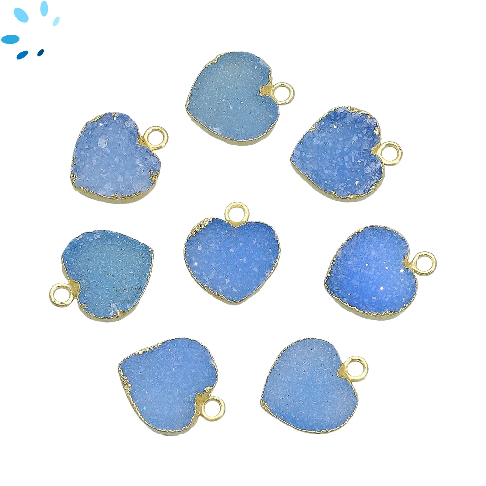 Blue Druzy Heart Pendant Charm 12mm 18k Gold Electroplated - Set of 4
