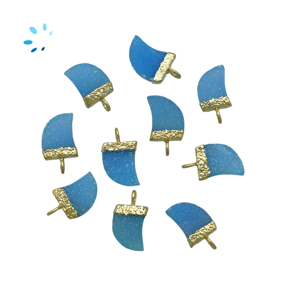 Blue Druzy Horn Pendant Charm 10x9mm 18k Gold Electroplated - Set of 4