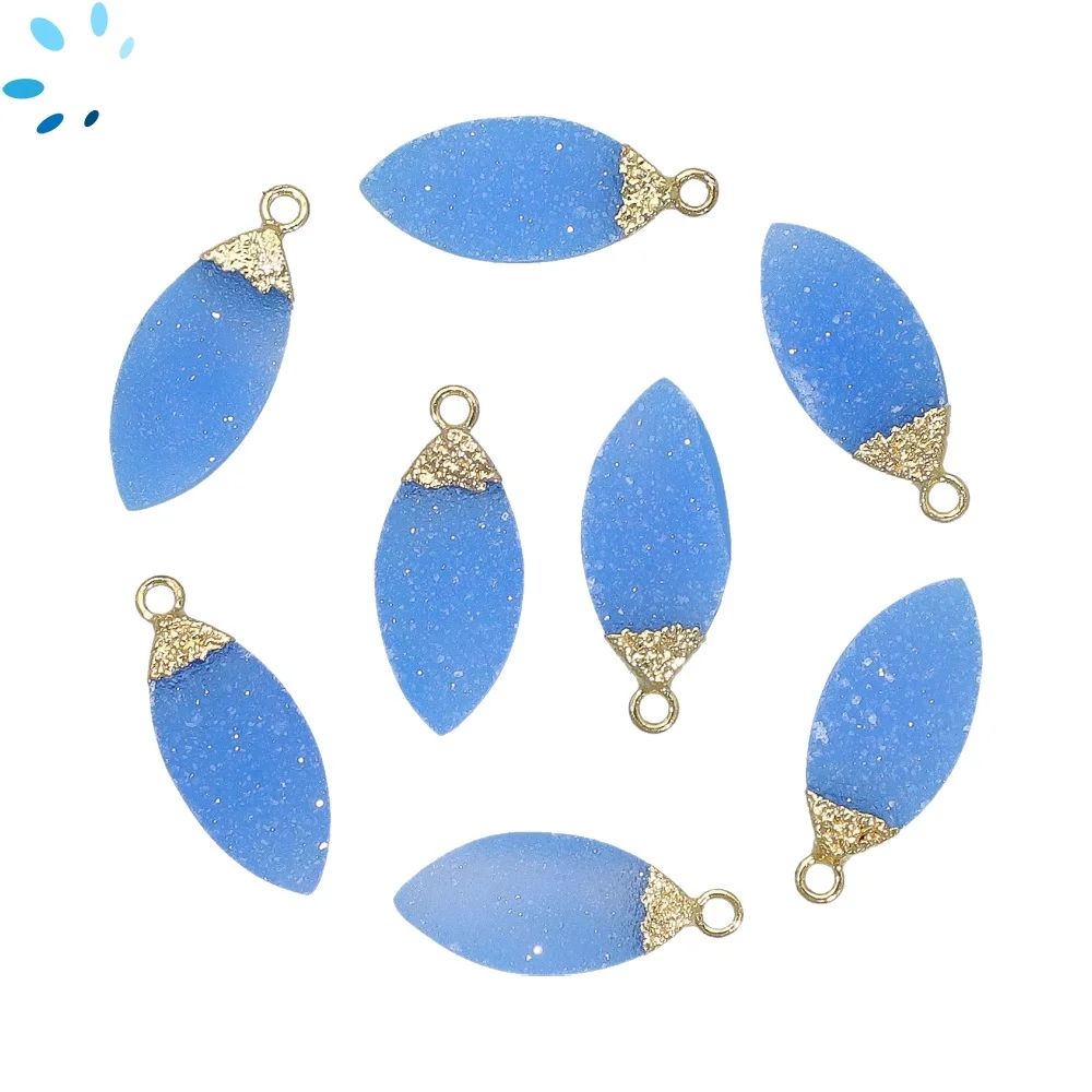 Blue Druzy Marquise Charm Pendant 17x8mm 18k Gold Electroplated - Set of 4