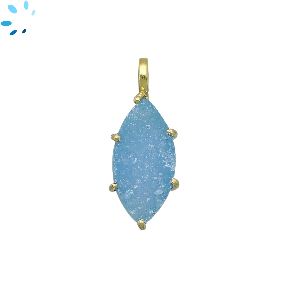 Blue Druzy Marquise Prong-Set Pendant Charm 20x10mm - 18k  Gold Plated Sterling Silver - 1 Piece