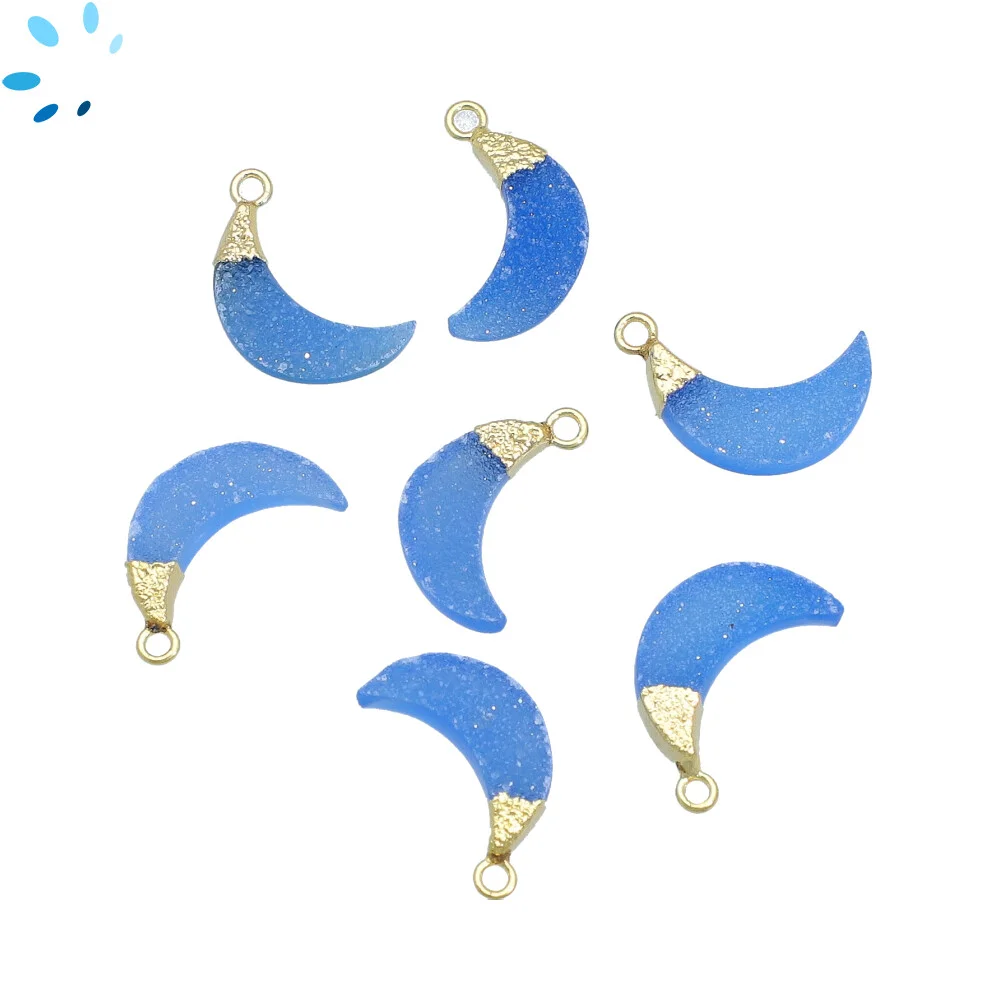 Blue Druzy Moon Charm Pendant 15x5 - 17x6mm 18k Gold Electroplated - Set of 4
