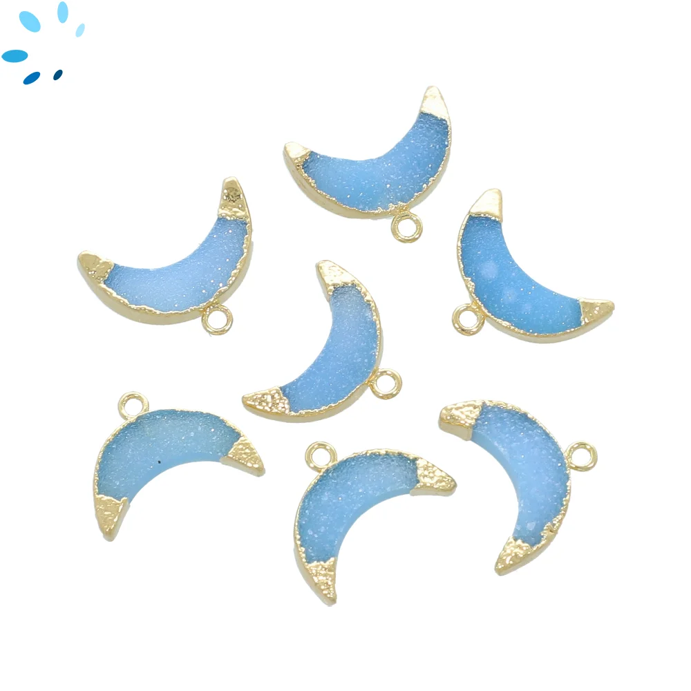 Blue Druzy Moon Pendant Charm 15x5 - 17x6mm 18k Gold Electroplated - Set of 4