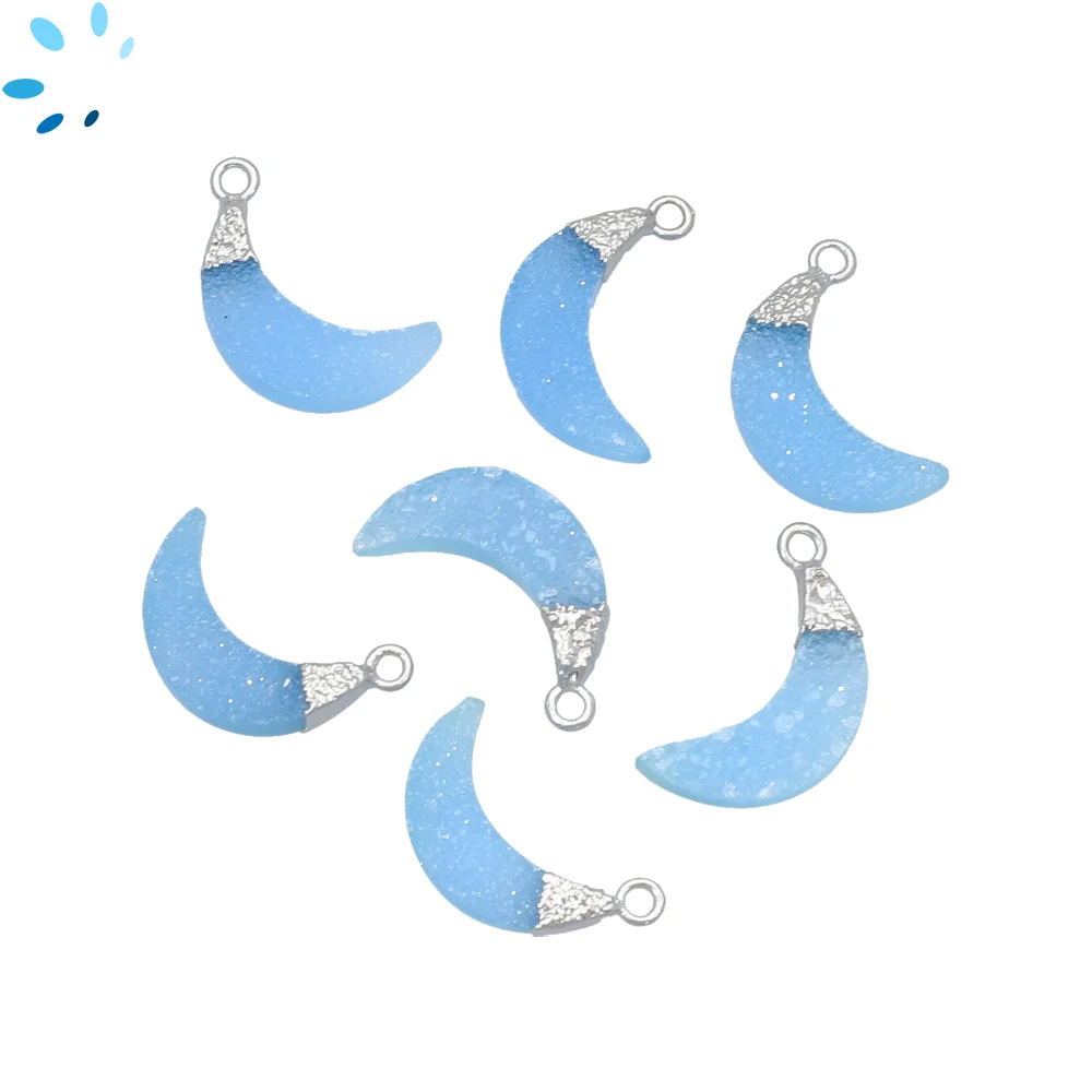 Blue Druzy Moon Pendant Charm 15x5 - 17x6mm Silver Electroplated - Set of 4