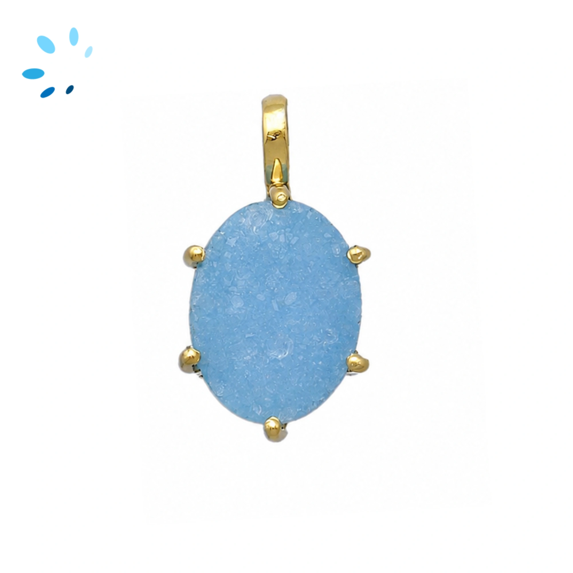Blue Druzy Oval Prong-Set Pendant Charm 16x11mm - 18k  Gold Plated Sterling Silver - 1 Piece