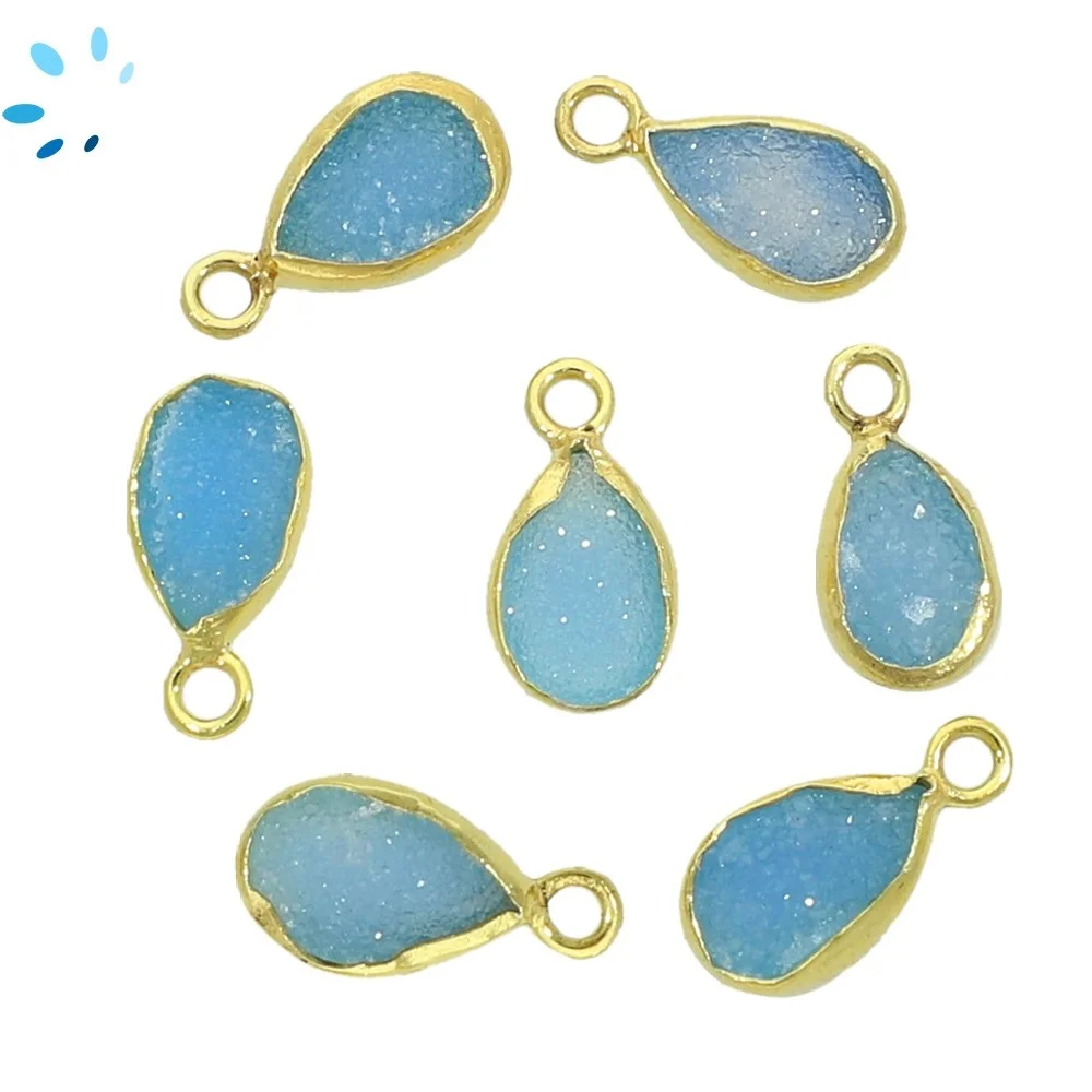 Blue Druzy Pear Bezel Charm Pendant 10x8 - 12x9mm - 18k Gold Plated Sterling Silver - Set of 4