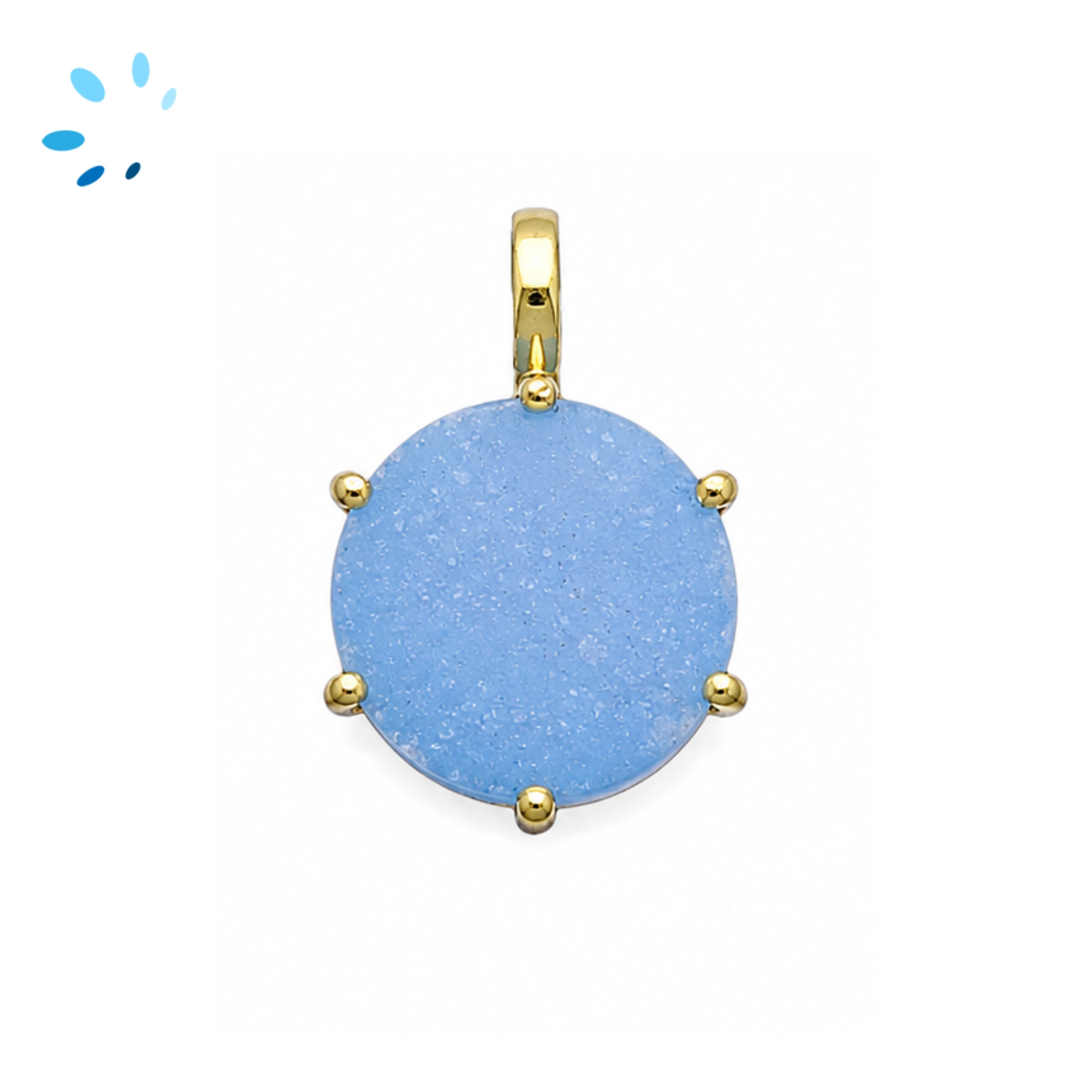 Blue Druzy Round Prong-Set Pendant Charm 15mm - 18k  Gold Plated Sterling Silver - 1 Piece