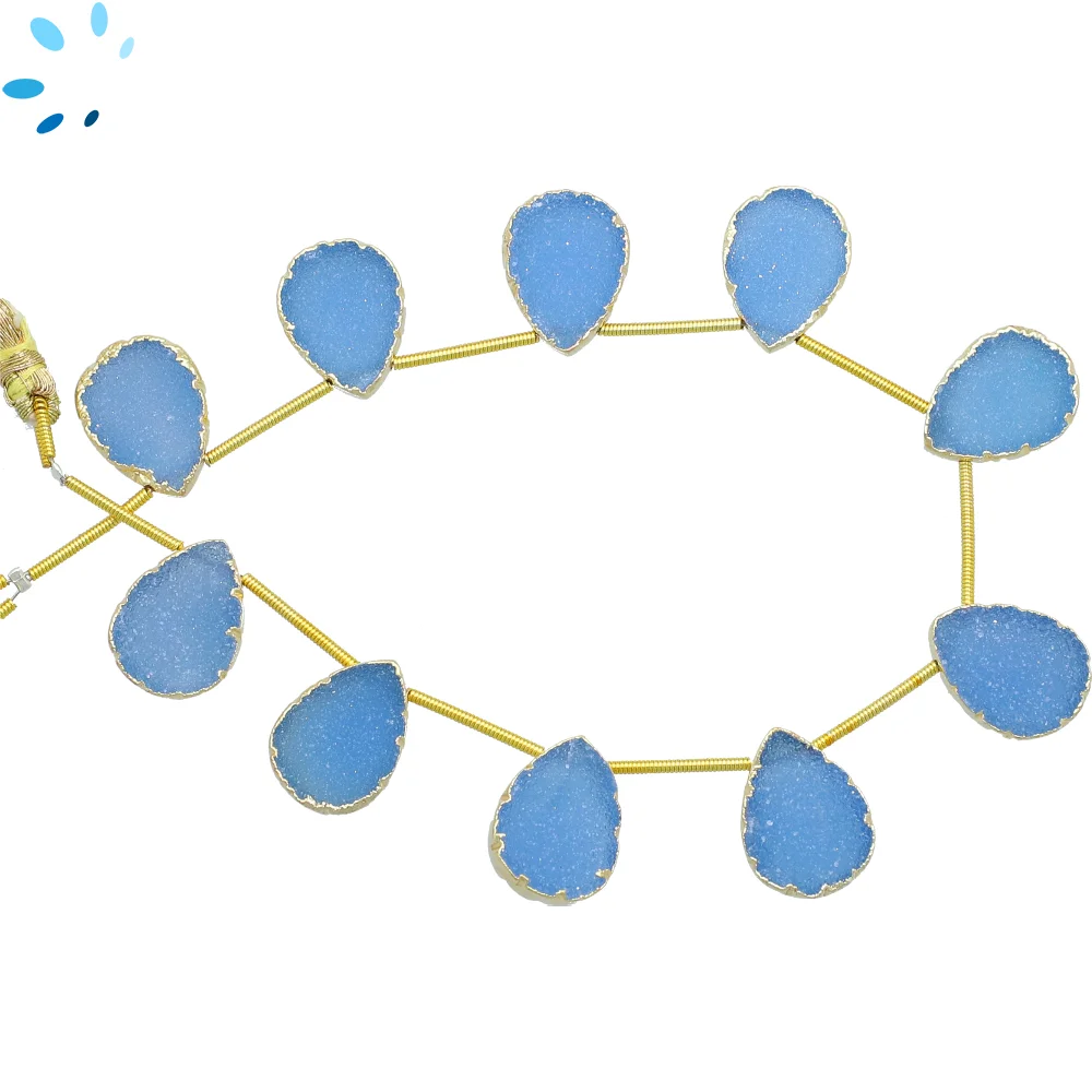 Blue Druzy Top Drilled Pear Beads 15x12mm - 18k Gold Electroplated