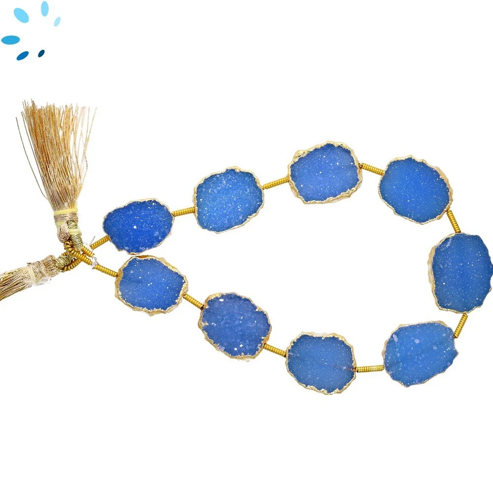 Blue Druzy Top to Bottom Drilled Slice Beads 15x12mm - 18k Gold Electroplated