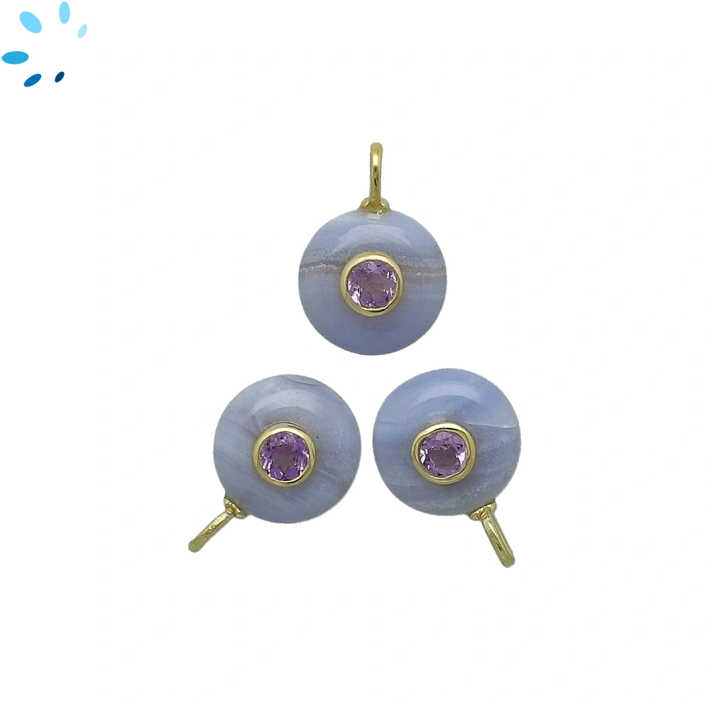 Blue Lace Agate & Amethyst Round Inlay Charm Pendant 12mm - 18k Gold Plated Sterling Silver - 1 Piece