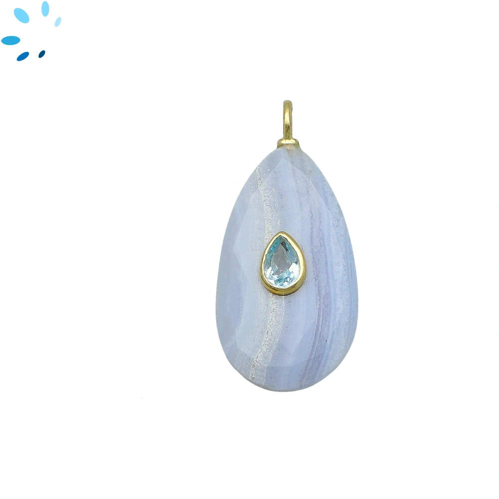 Blue Lace Agate & Blue Topaz Pear Inlay Pendant Charm mm - 18k Gold Plated Sterling Silver - 1 Piece