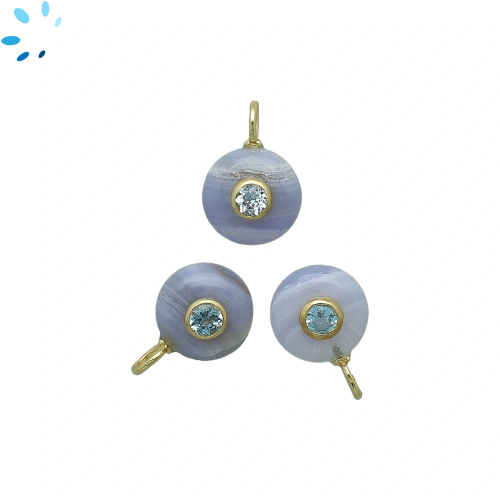 Blue Lace Agate & Blue Topaz Round Inlay Charm Pendant 12mm - 18k Gold Plated Sterling Silver - 1 Piece