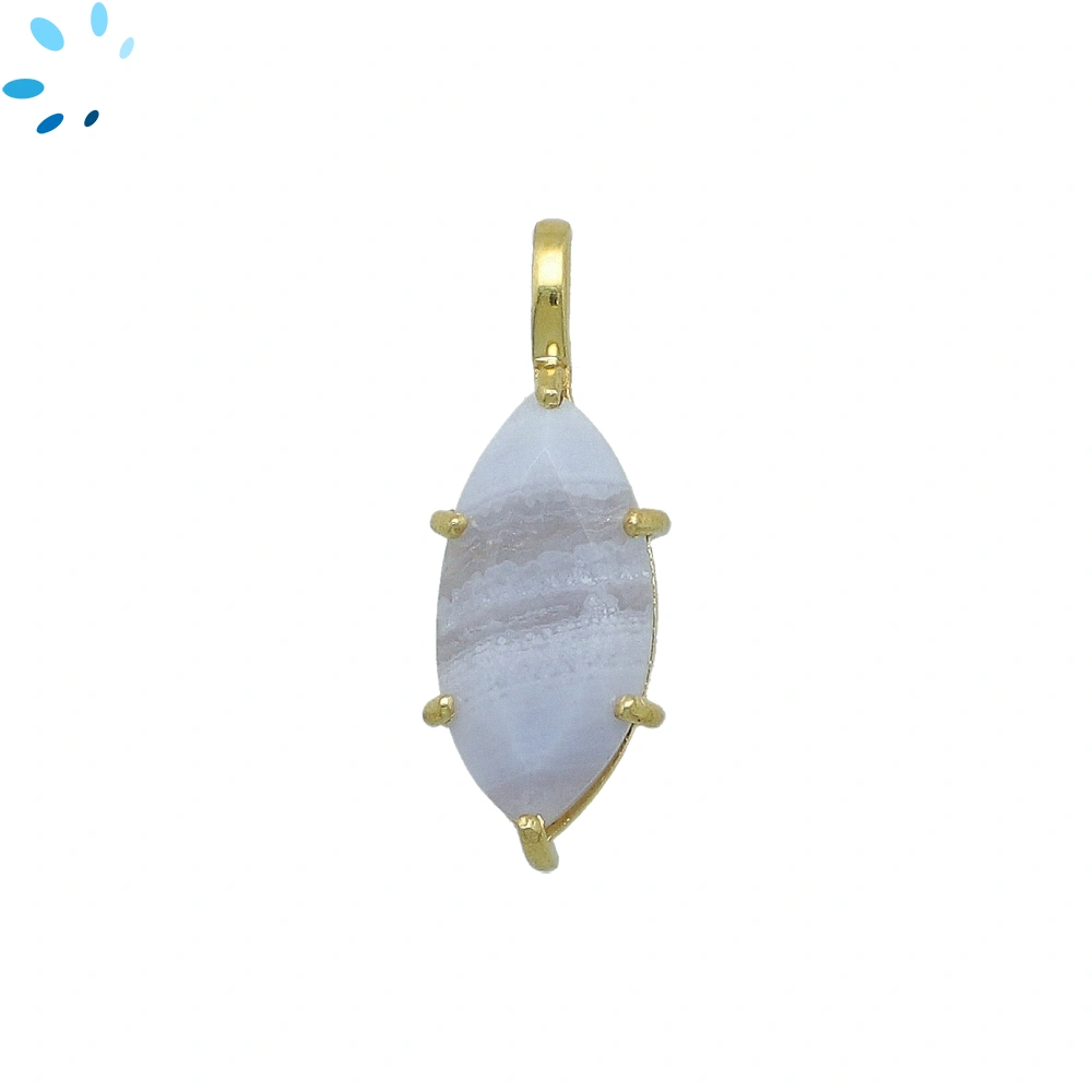 Blue Lace Agate Marquise Prong-Set Pendant Charm 19x10mm - 18k  Gold Plated Sterling Silver - 1 Piece