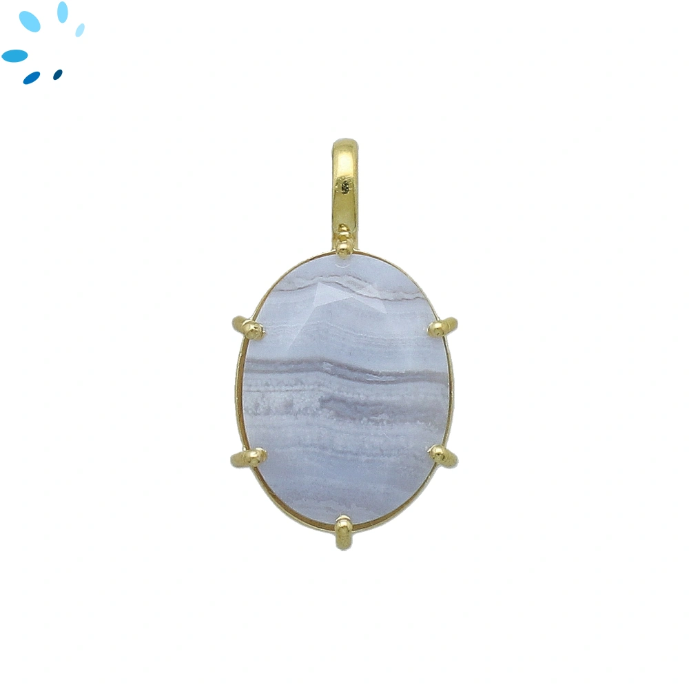 Blue Lace Agate Oval Prong-Set Pendant Charm 18x13mm - 18k  Gold Plated Sterling Silver - 1 Piece