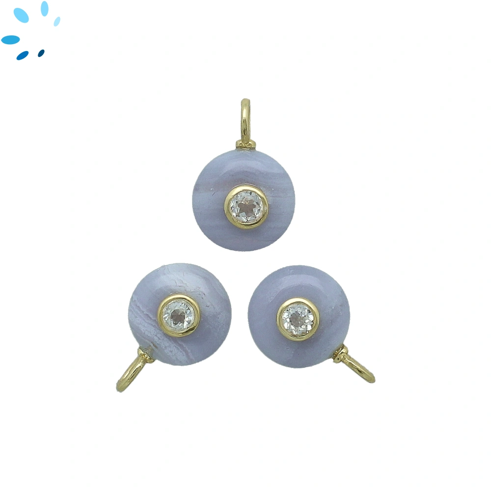 Blue Lace Agate & White Topaz Round Inlay Charm Pendant 12mm - 18k Gold Plated Sterling Silver - 1 Piece