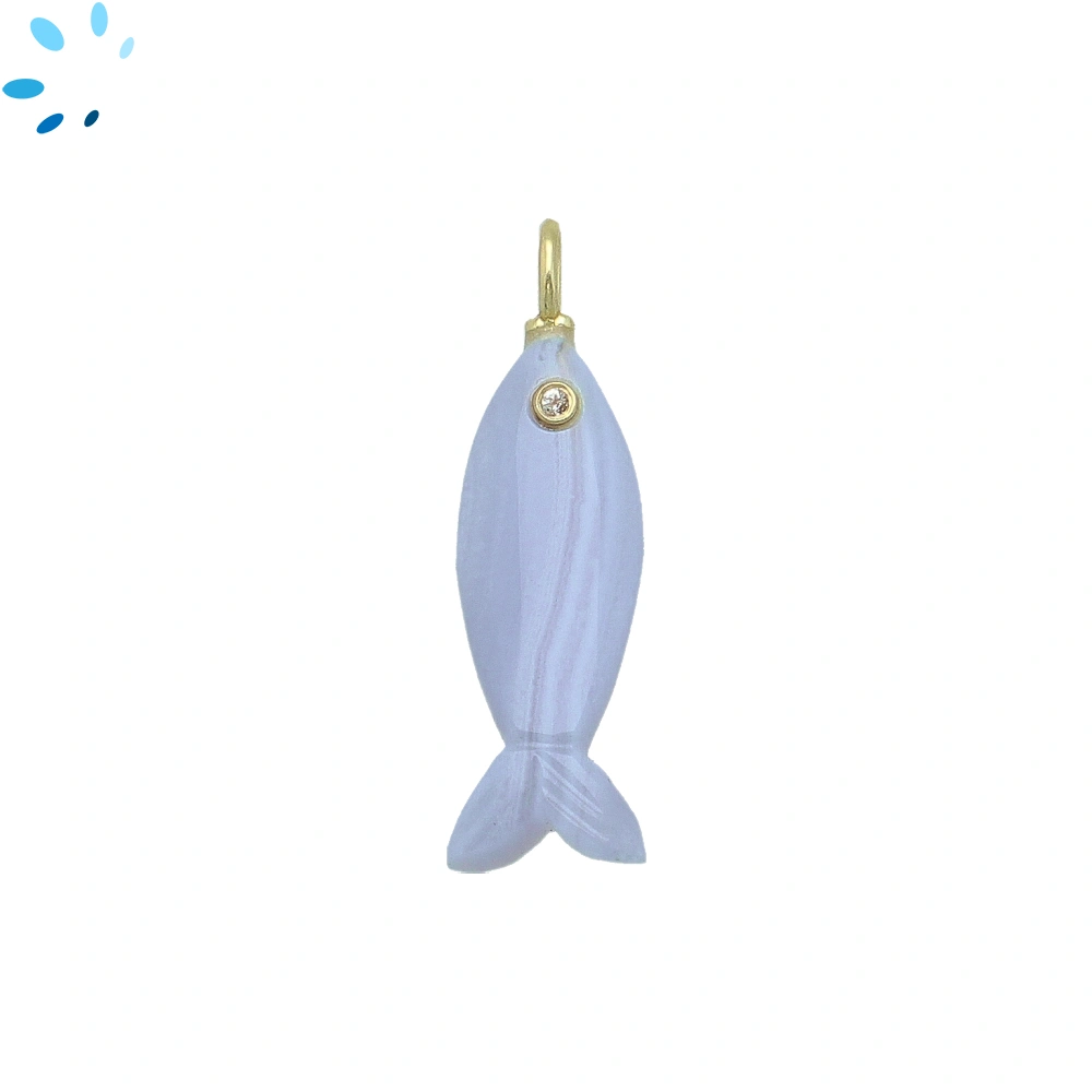 Blue Lace Agate & White Topaz Vertical Elongated Fish Inlay Pendant Charm 25x6mm - 18k Gold Plated Sterling Silver - 1 Piece