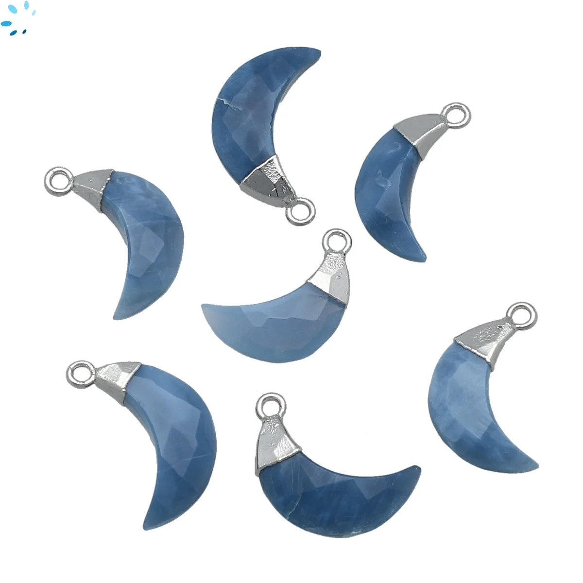 Blue Opal Moon Pendant Charm 13x5 - 15x6mm Silver Electroplated - Set of 4