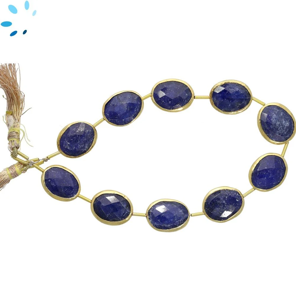 Blue Sapphire Faceted Nuggets Bezel Set Beads 15x12mm Top to Bottom Drilled - 18k Gold Plated Sterling Silver