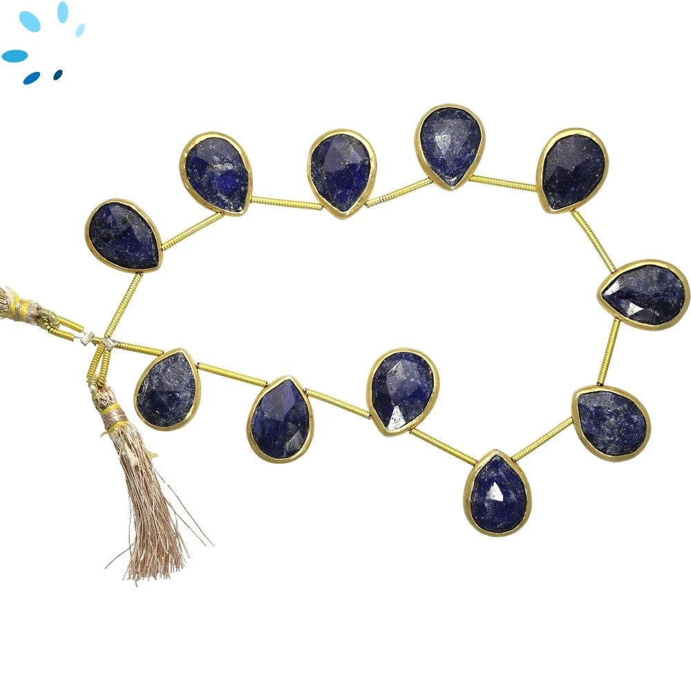 Blue Sapphire Faceted Pear Bezel Set Beads 14x10 - 16x12mm Top Drilled - 18k Gold Plated Sterling Silver