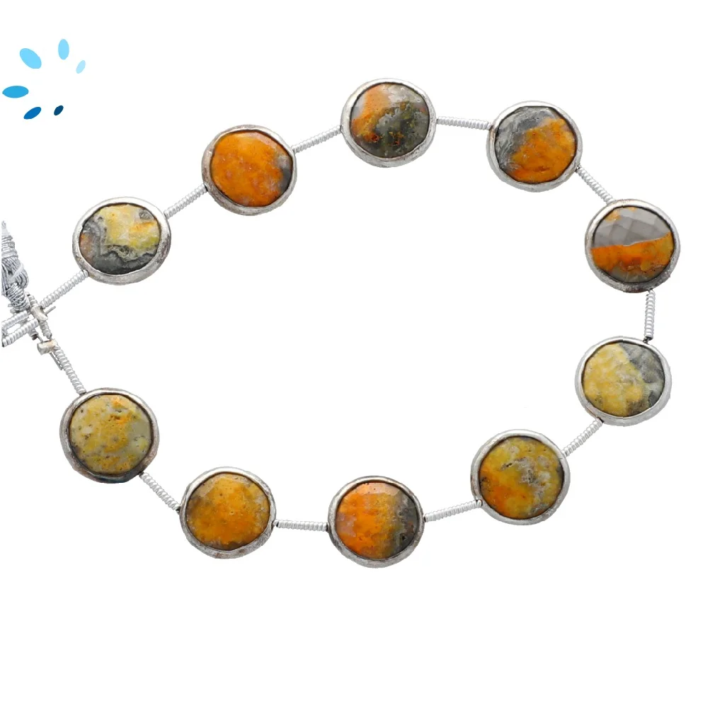 Bumblebee Jasper Faceted Coin Bezel Set Beads 12mm Center Drilled - Platinum Plated Sterling Silver