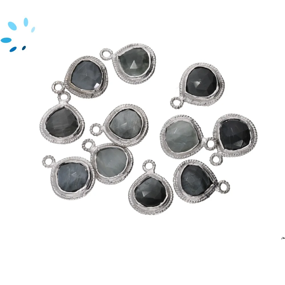 Cat's Eye Quartz Heart Twisted Wire Bezel Pendant Charm 10mm - Silver Plated Sterling Silver - Set of 4
