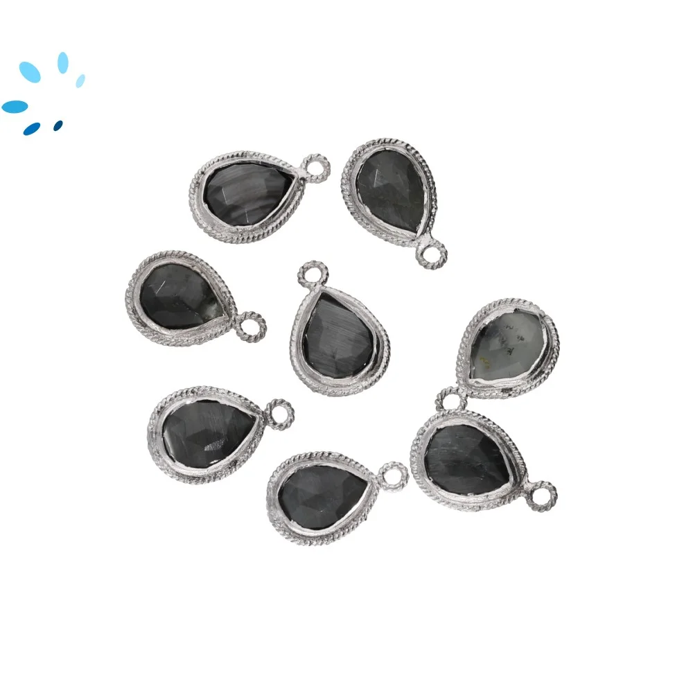 Cat's Eye Quartz Pear Twisted Wire Bezel Pendant Charm 11x9mm - Silver Plated Sterling Silver - Set of 4