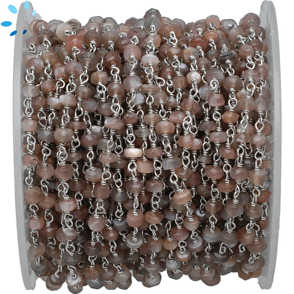 Chocolate Moonstone Faceted Button 4mm Sterling Silver Rosary Style Beaded Chain Per Foot