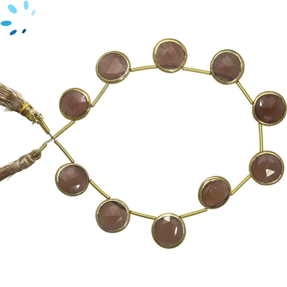 Chocolate Moonstone Faceted Coin Bezel Set Beads 12mm Top Drilled - 18k Gold Plated Sterling Silver