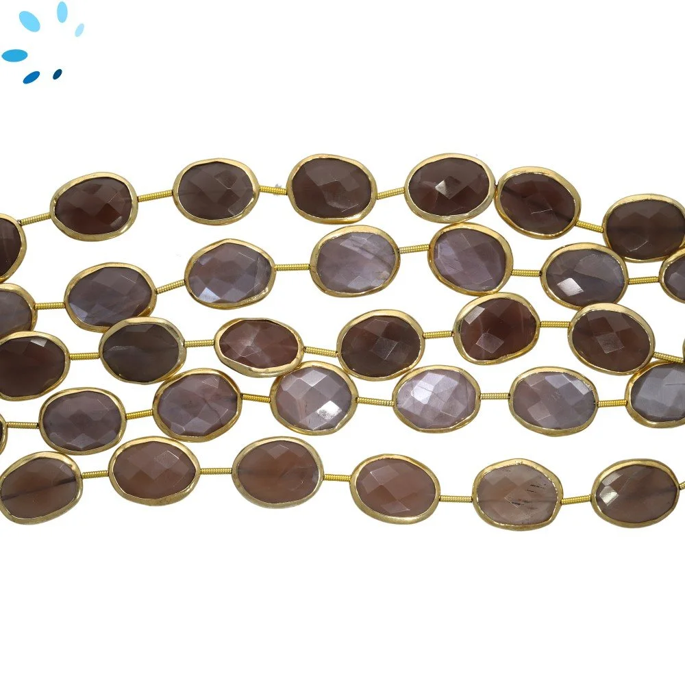 Chocolate Moonstone Faceted Nuggets Bezel Set Beads 15x12mm Top to Bottom Drilled - 18k Gold Plated Sterling Silver