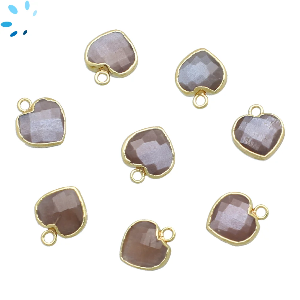 Chocolate Moonstone Heart Charm Pendant 9mm 18k Gold Electroplated - Set of 4