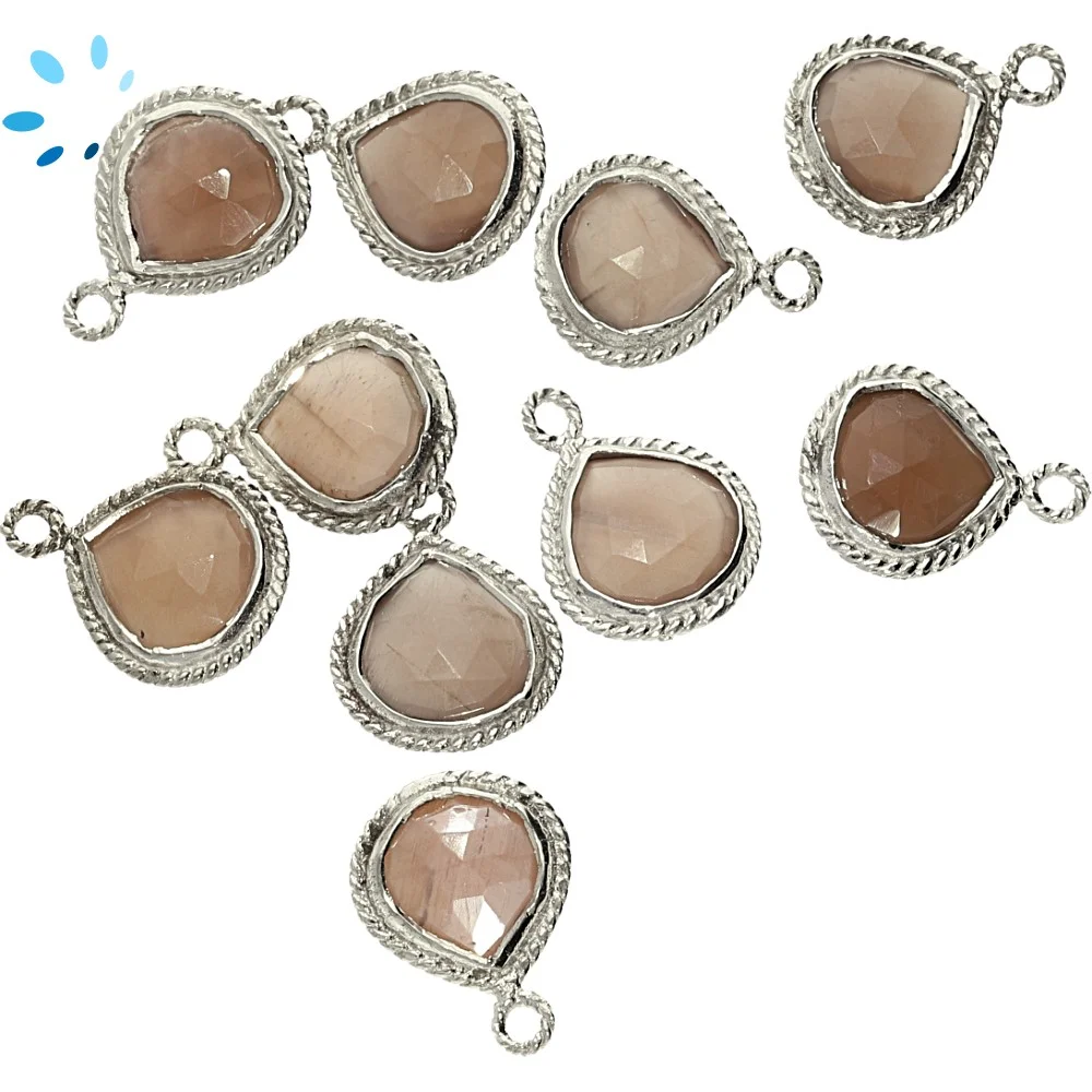 Chocolate Moonstone Heart Twisted Wire Bezel Charm Pendant 10mm - Platinum Plated Sterling Silver - Set of 4
