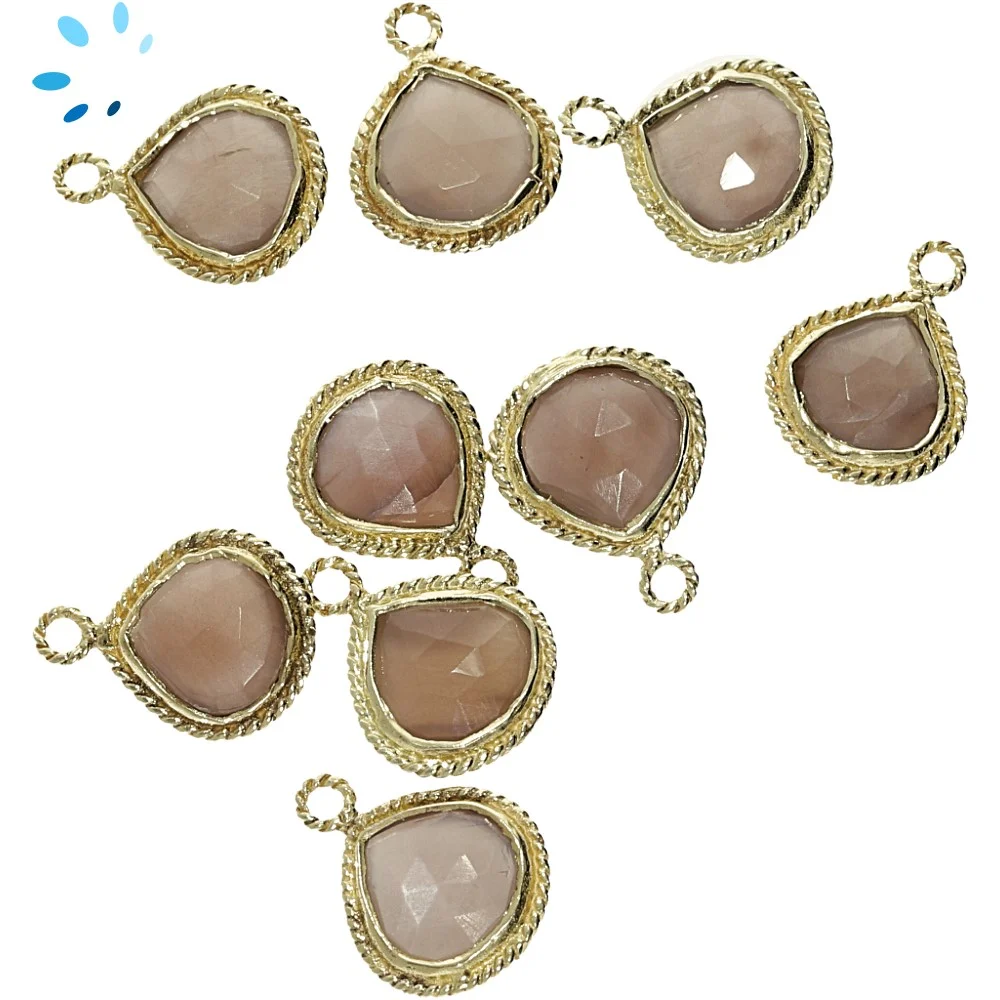 Chocolate Moonstone Heart Twisted Wire Bezel Pendant Charm 10mm - 18k Gold Plated Sterling Silver - Set of 4