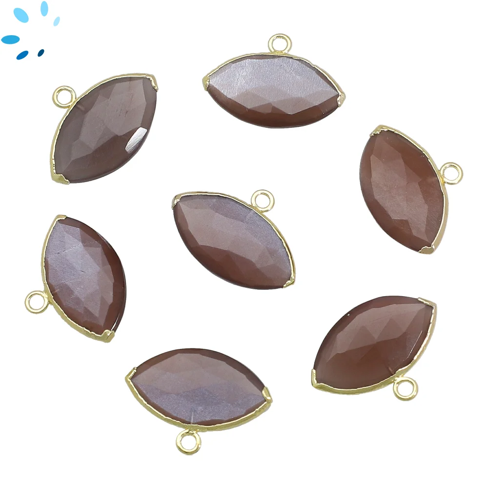 Chocolate Moonstone Marquise Charm Pendant 20x11mm 18k Gold Electroplated - Set of 2