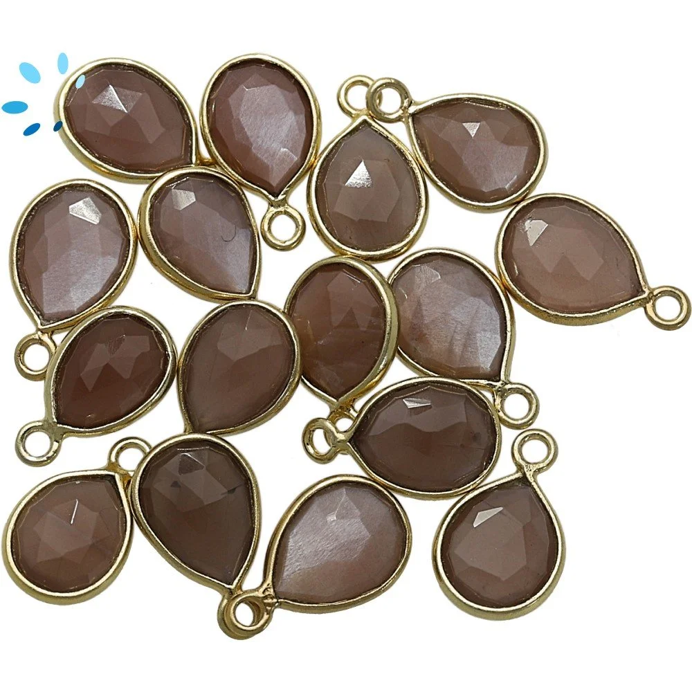 Chocolate Moonstone Pear Bezel Pendant Charm 9x7mm - 18k Gold Plated Sterling Silver - Set of 4