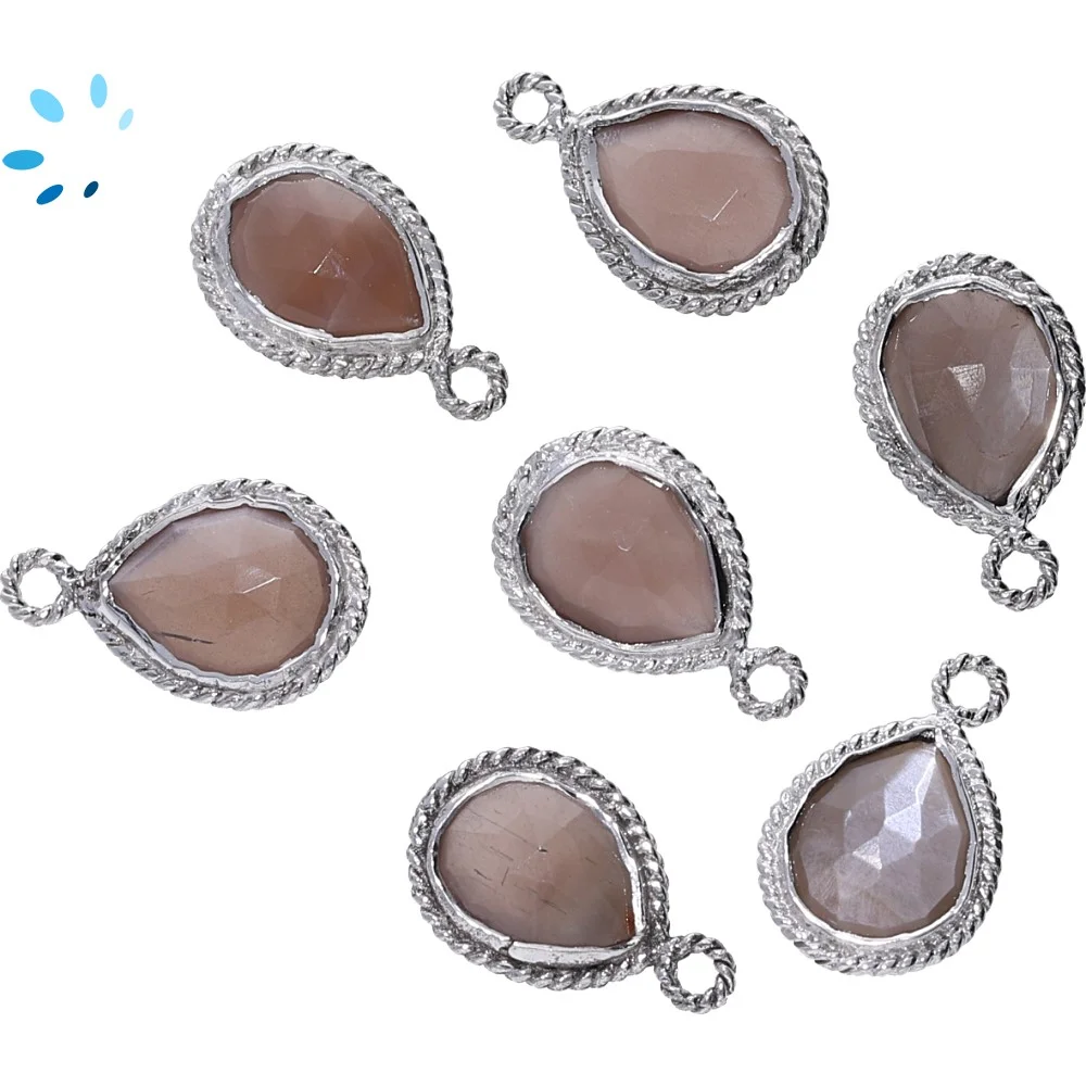 Chocolate Moonstone Pear Twisted Wire Bezel Charm Pendant 10x8 - 12x9mm - Platinum Plated Sterling Silver - Set of 4