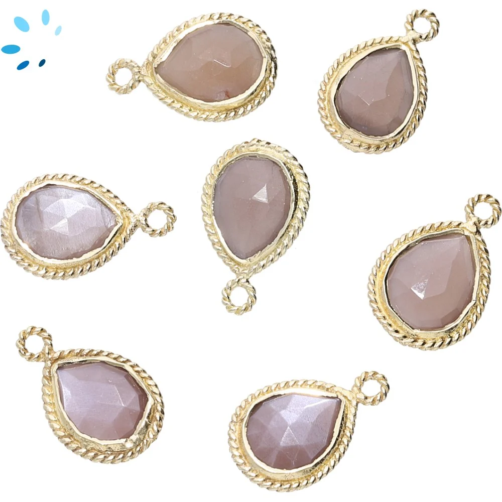 Chocolate Moonstone Pear Twisted Wire Bezel Pendant Charm 10x8 - 12x9mm - 18k Gold Plated Sterling Silver - Set of 4