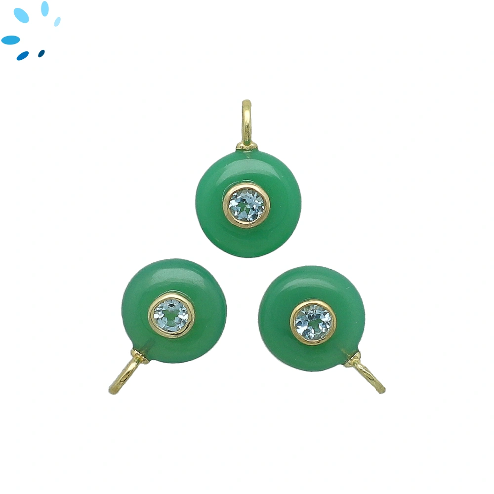 Chrysoprase Chalcedony & Blue Topaz Round Inlay Charm Pendant 12mm - 18k Gold Plated Sterling Silver - 1 Piece