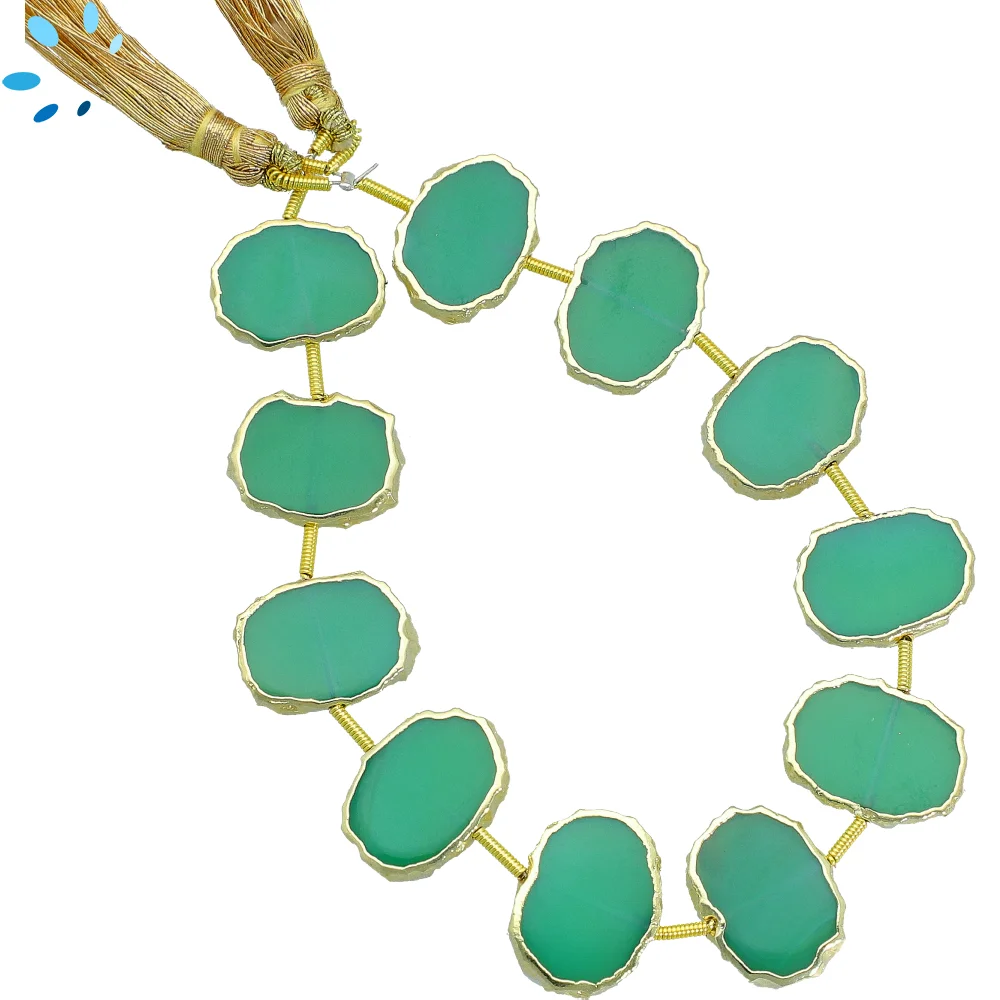 Chrysoprase Chalcedony Center Drilled Slice Beads 15x11 - 17x13mm - 18k Gold Electroplated