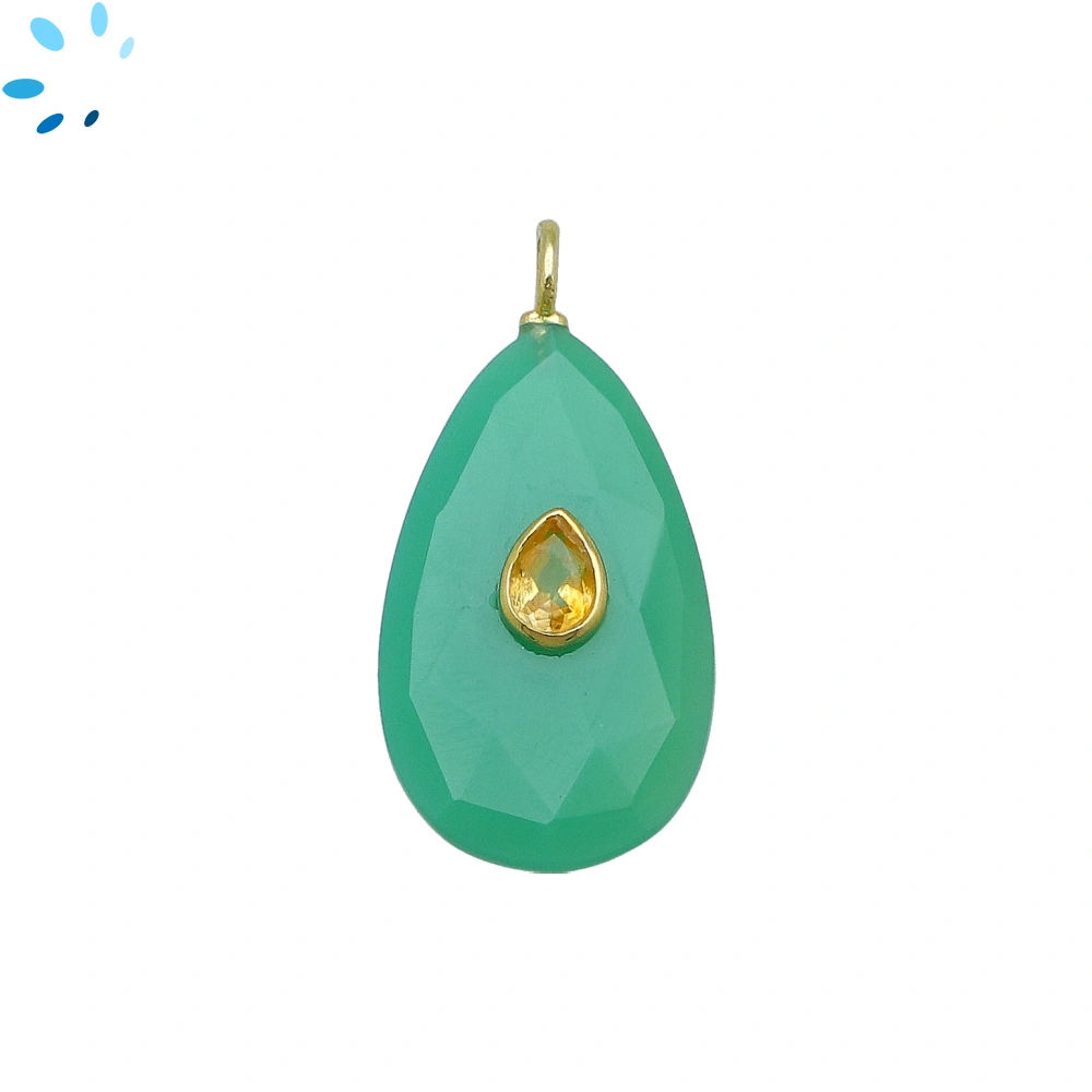 Chrysoprase Chalcedony & Citrine Pear Inlay Pendant Charm 29x16mm - 18k Gold Plated Sterling Silver - 1 Piece
