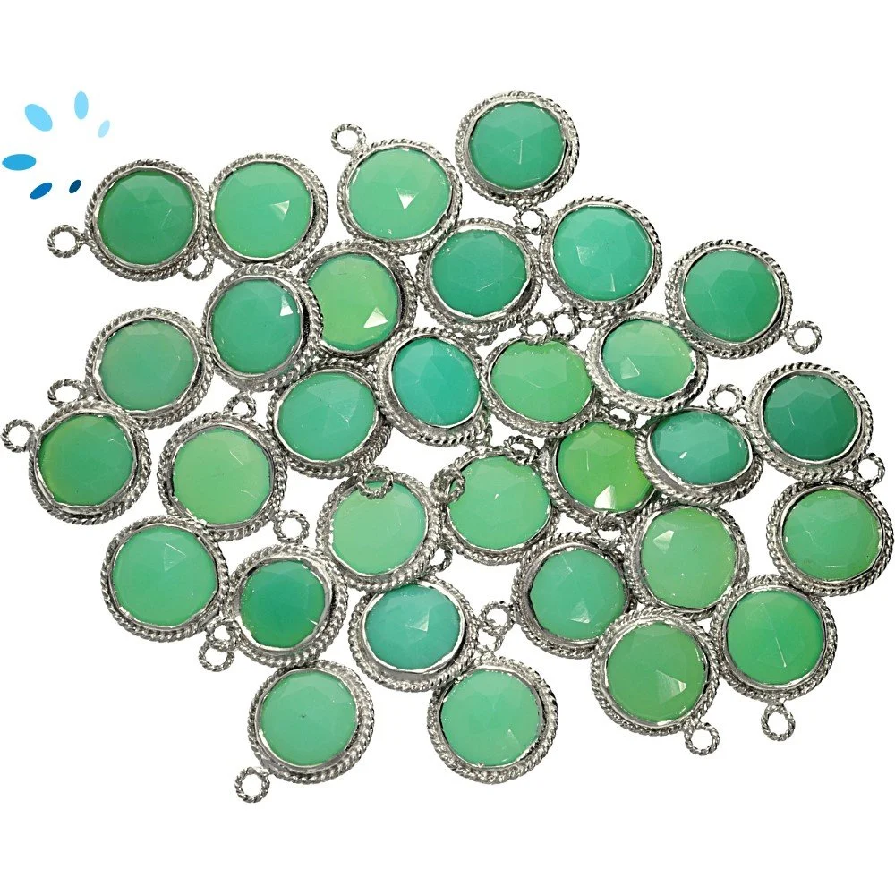 Chrysoprase Chalcedony Coin Twisted Wire Bezel Pendant Charm 9mm - Platinum Plated Sterling Silver - Set of 4