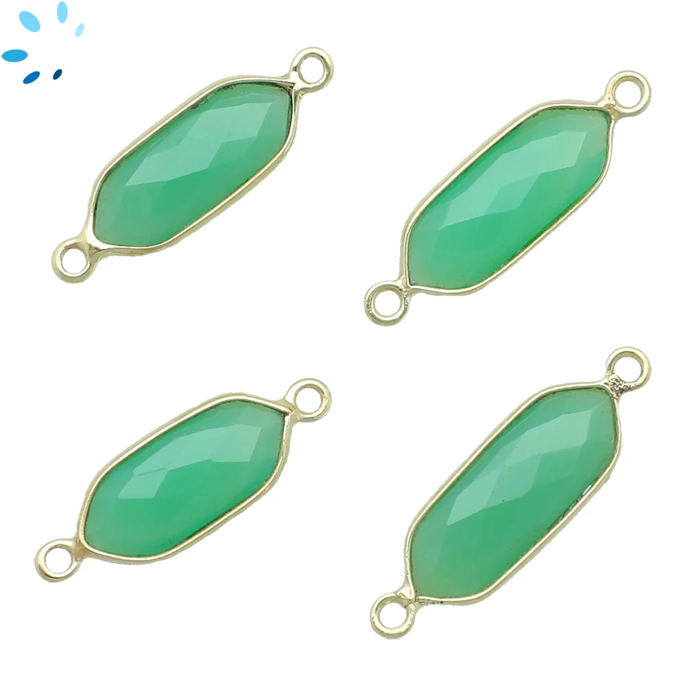 Chrysoprase Chalcedony Elongated Hexagon Bezel Connector 16x7 - 18x8mm - 18k Gold Plated Sterling Silver - Set of 4
