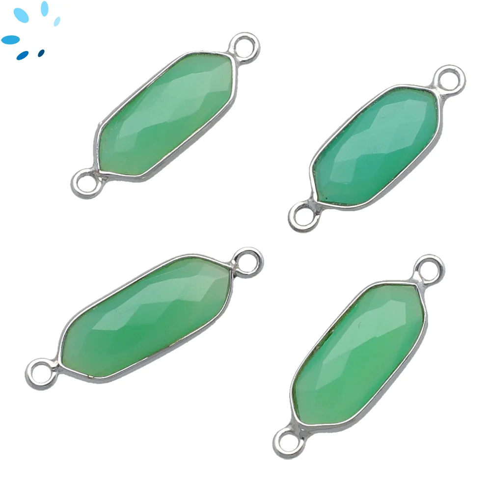 Chrysoprase Chalcedony Elongated Hexagon Bezel Connector 16x7 - 18x8mm - Platinum Plated Sterling Silver - Set of 4