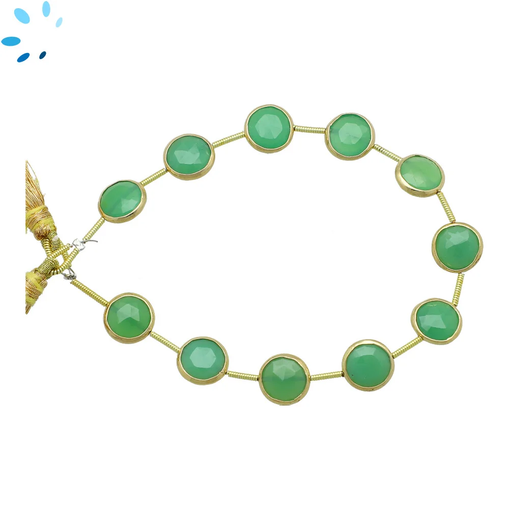 Chrysoprase Chalcedony Faceted Coin Bezel Set Beads 10mm Center Drilled - 18k Gold Plated Sterling Silver