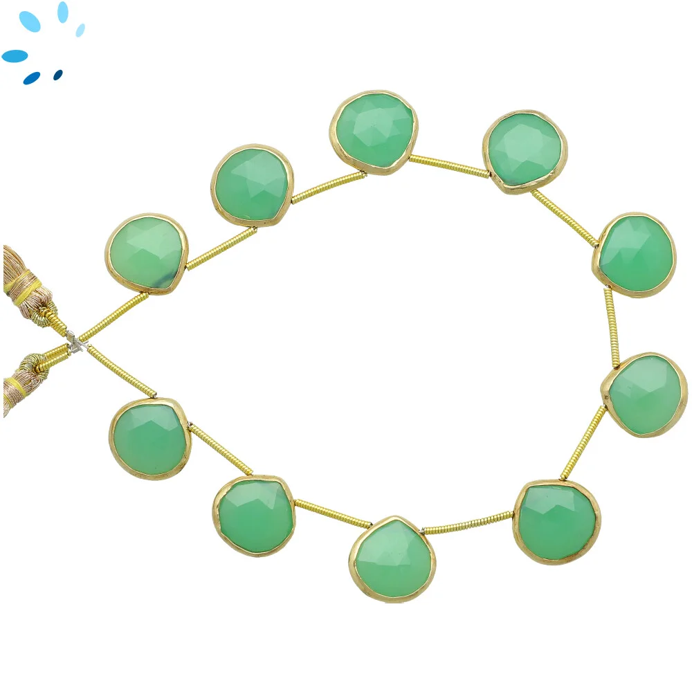 Chrysoprase Chalcedony Faceted Heart Bezel Set Beads 12mm Top Drilled - 18k Gold Plated Sterling Silver