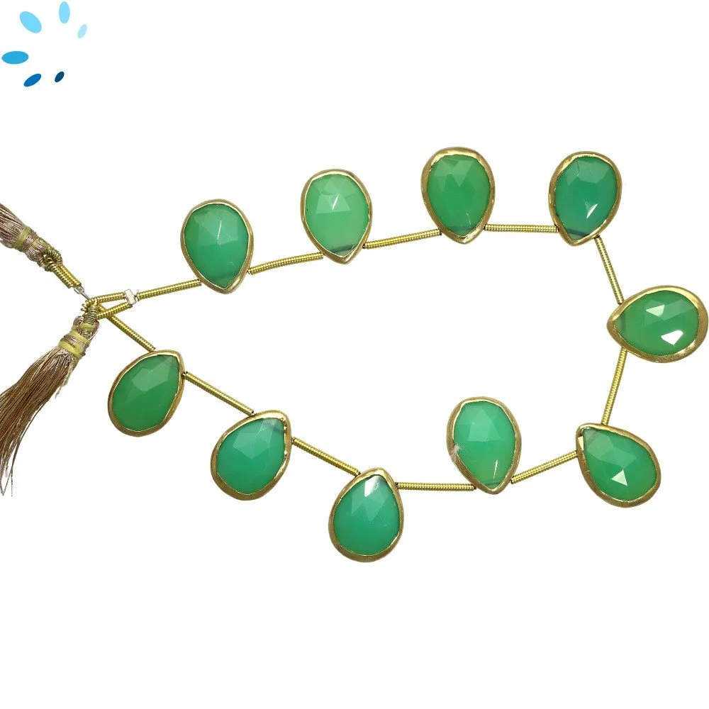 Chrysoprase Chalcedony Faceted Pear Bezel Set Beads 14x10 - 16x12mm Top Drilled - 18k Gold Plated Sterling Silver